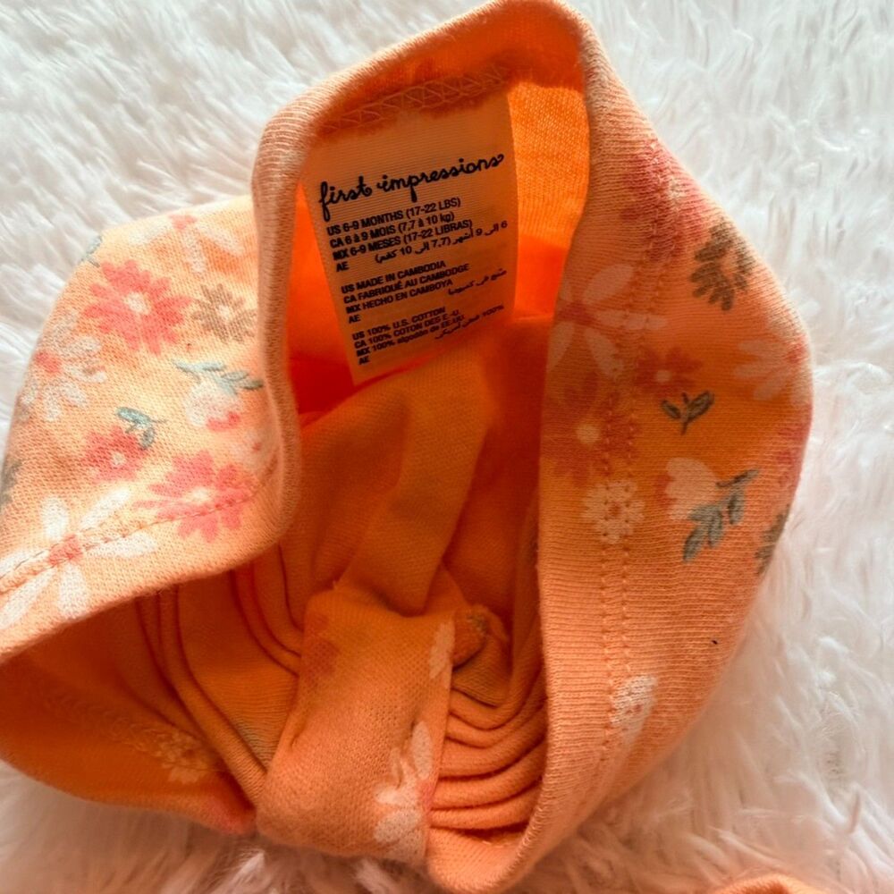 Floral Baby Outfit Set 3 Piece Orange Top + Pants + Hat 6-9M - Picture 7 of 9